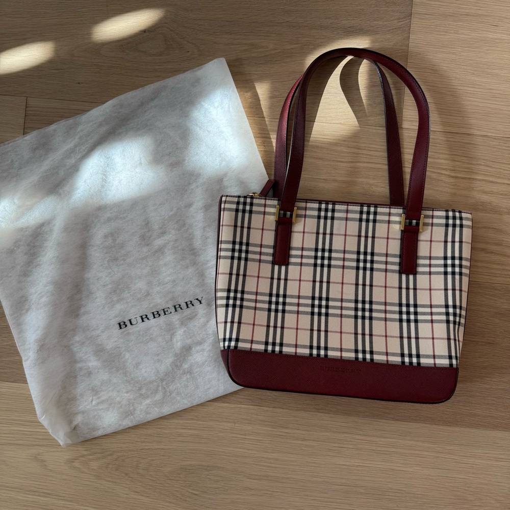 Burberry Nova Check Canvas Zip Top Tote Burgundy Leather Trim Auth